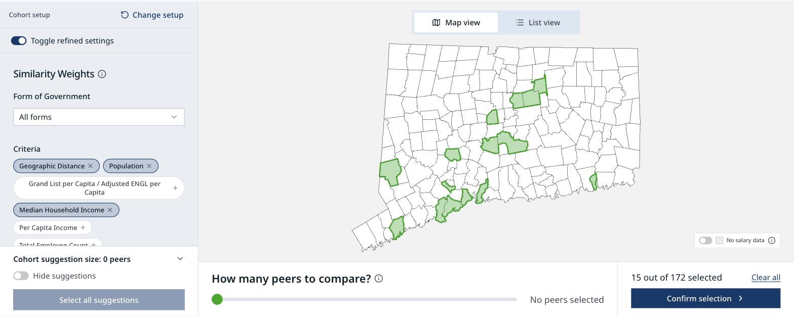 Cohort step: a map of Connecticut with selected peer towns shaded green, and similarity weights in a side panel.