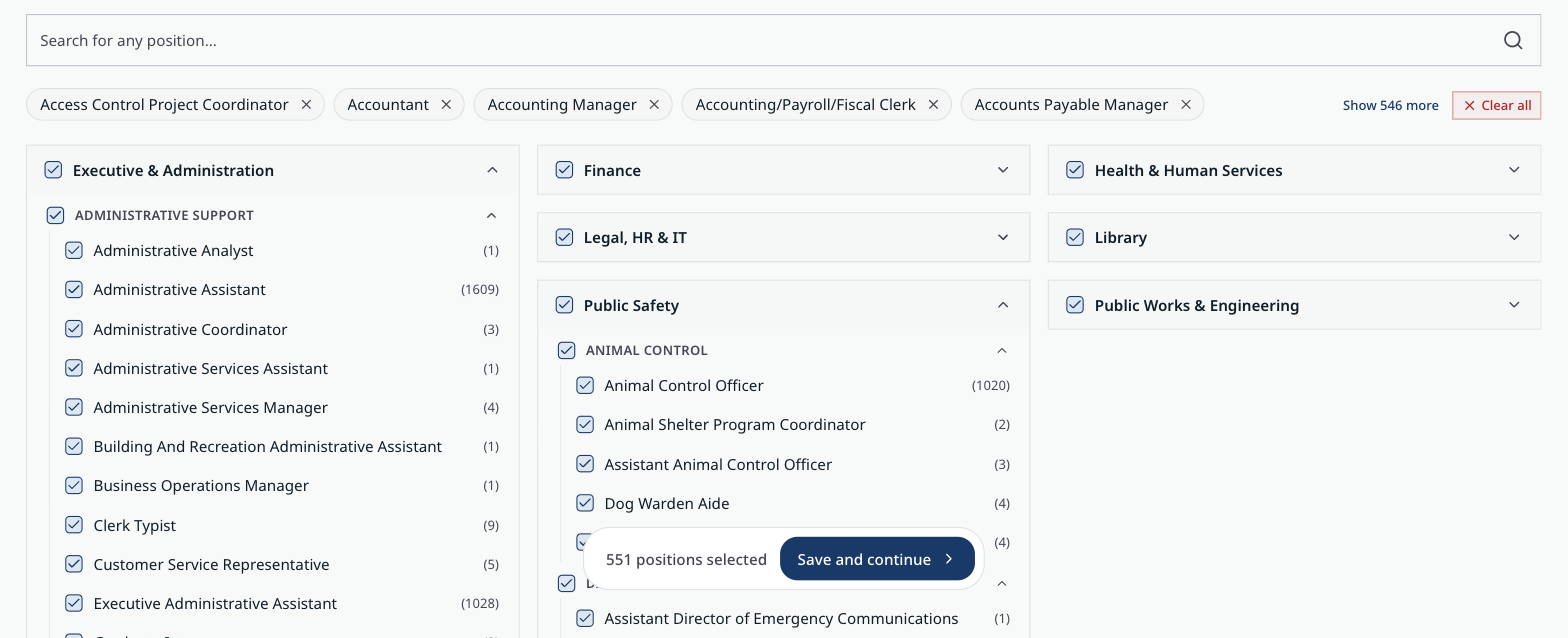 Roles step: positions grouped by service area, such as Executive & Administration and Public Safety, each with a record count.