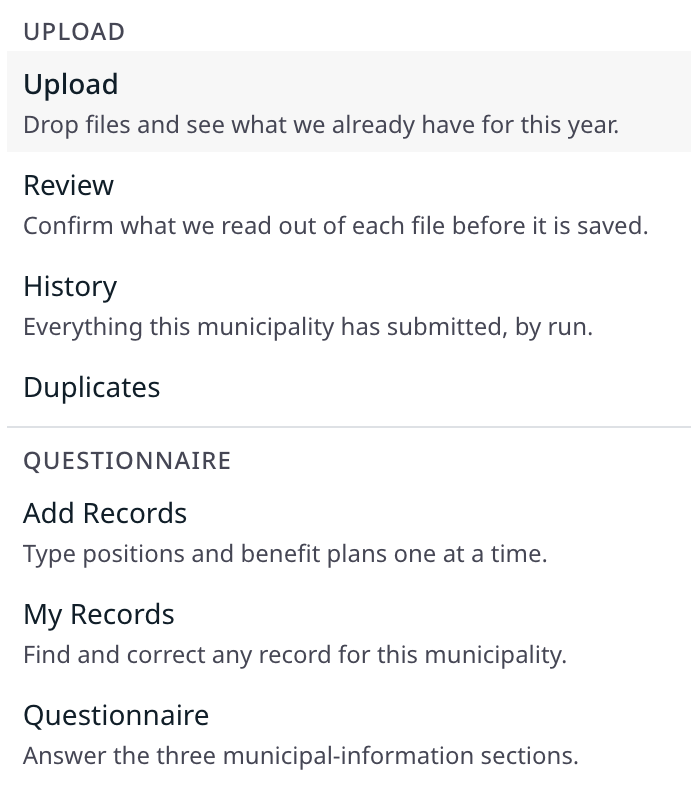 Submit menu: Upload, Review, History, Duplicates, Add Records, My Records, and Questionnaire.